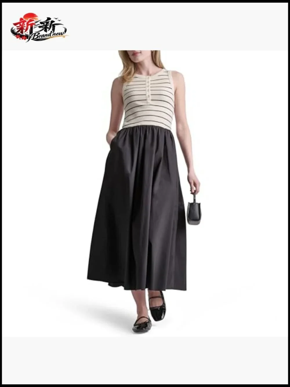 Striped Cotton Poplin Maxi Dress with Rib Henley Top